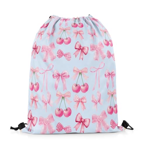 jejeloiu Blue Bow Drawstring Backpack 13x15.7inch,Cute Bowknot Waterproof Gym Drawstring Bags Kawaii cherry Fruit Sports3