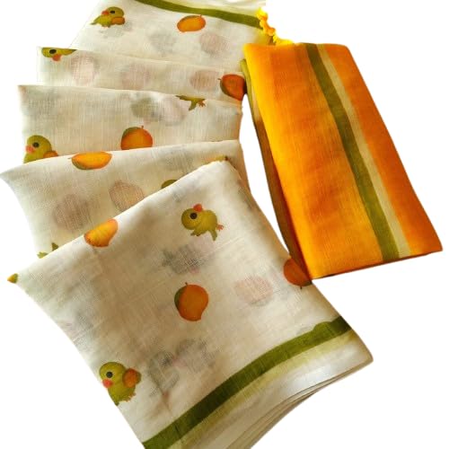 Cotton Saree with Parrot and Mango Print, Off-White and Orange-picture-30
