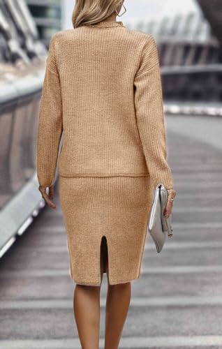 Image of Women 2 Piece Knit Sweater Skirt Set Midi Sweater Dress Long Sleeve Pullover Bodycon Knitted Skirt Set Outfit