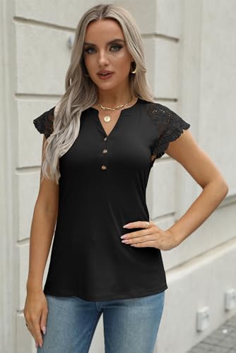 Women's Tank Tops Lace Cap Sleeve Button Down V Neck Summer Casual Loose Fit 2025 Trendy Cute Sleeveless Shirts Blouse2