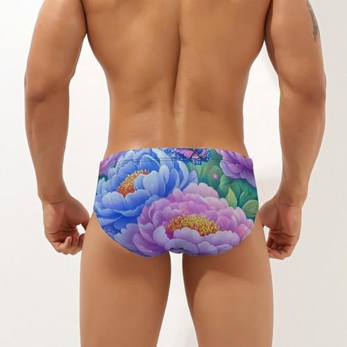 Peony Flowers Butterfly Men's Swimming Trunks Briefs Beach Swimwear Low Rise Bikini Swimsuit Print Bathing Suit2