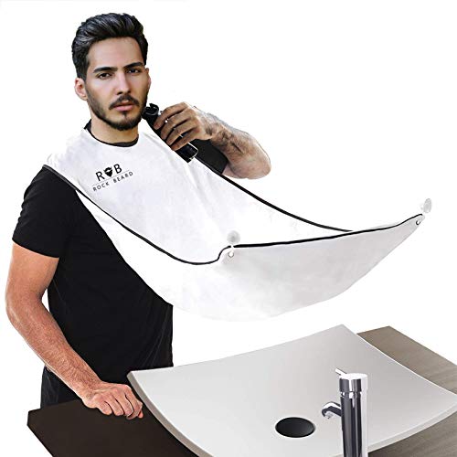ROCK BEARD Beard Apron Cape for Men Trimming and Shaving, Waterproof and Non-Stick Hair Beard Clippings Catcher Bib with 4 Suction Cups?Best Gift for Man/husband/boyfriend(White)
