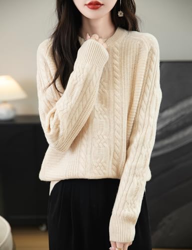 Women's 100% Merino Wool Crew Neck Sweater 2025 Fall Winter Solid Cable Long Sleeve Warm Knitted Sweater4