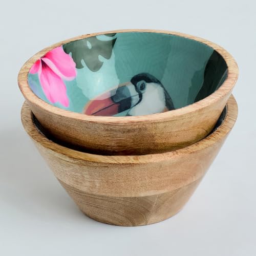 Image of SAAGA Mango Wood Nuts Bowl Set of 2-6 x 3 Inch Decorative Wooden Snack & Dry Fruit Bowls | Soup Serving Katori - Tourmaline Finish
