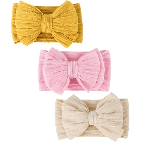 DRESHOW 3 Pack Baby Headbands for Girls Newborn Baby Nylon Headbands with Bows Hair Accessories, 3 Pack Bow Style 85-07