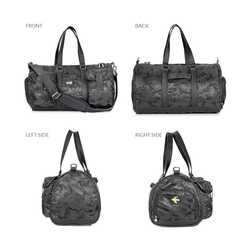 Image of MONKEY TROOPERS Roam Duffle Bag Black Camo 30L | Bike-mountable skin, wet pocket, shoe compartment, detachable sling, lightweight build, weekend trips, gym & sports use