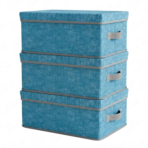 Image of Lukzer 3PC Blue & Grey Foldable Storage Box with Lid & Reinforced Handle | Fabric Wardrobe Clothes Organizer Basket Bin for Sarees, Blankets, Toys, Books & Closet /Almirah Storage (36 x 27 x 20 CM)