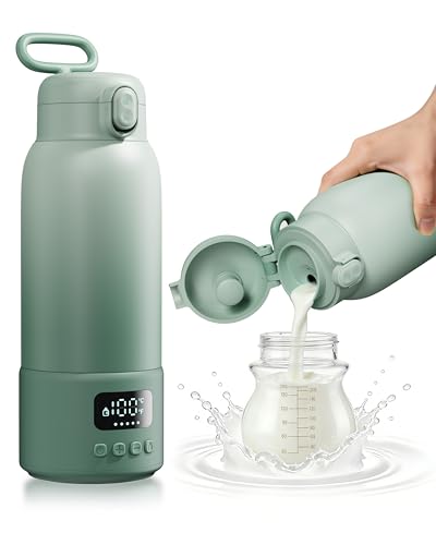 Portable Bottle Warmer for Travel 17oz Large Capacity 2-Min Fast Heating Keep Warm Function Long Battery Life Ideal for Heating Breast Milk and Water On-the-Go Green