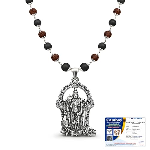 Image of Gratify Original Rudraksha & Karungali Mala 8mm 54 Beads with Lord Murugan Pendant | Natural Ebony Wood Spiritual Necklace for Meditation, Protection, Focus & Positive Energy | Unisex Mala