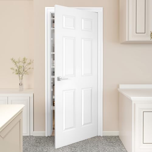JUBEST 30x80 Raised 6-Panel Textured White Primed Hollow Core Interior Molded Door Slab NOT Pre-drilled and NOT Included Hardware Paintable Interior Door for Pantry Laundry Office