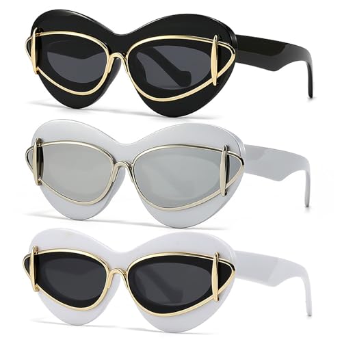laureles 3Pack Mix Cat Eye Y2K Sunglasses for Women Vintage Lips Sun Glasses Men Gradient Black Shades UV400