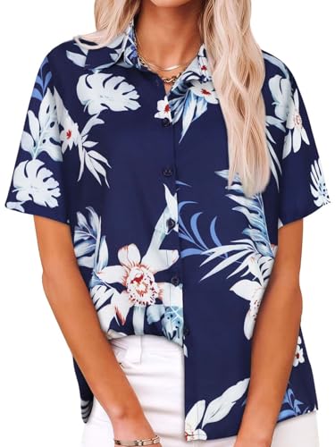Image of Women Hawaiian Shirt Button Down Summer Tops Beach Short Sleeve Blouse