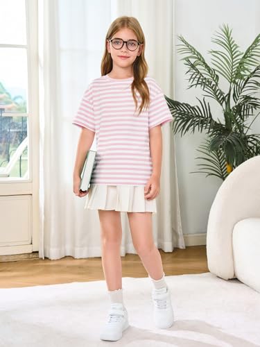 Image of Haloumoning Girls Striped Short Sleeve T Shirts Kids Summer Oversized Tops Casual Crewneck Tees 5-14 Years