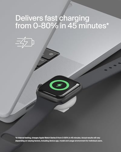 Image of Belkin BoostCharge USB-C Portable Charger for Apple Watch (MFi Certification, for Apple Watch Series 9, Series 8, Series 7, Ultra, etc., Compatible with MacBook, iPhone 15, etc., White)