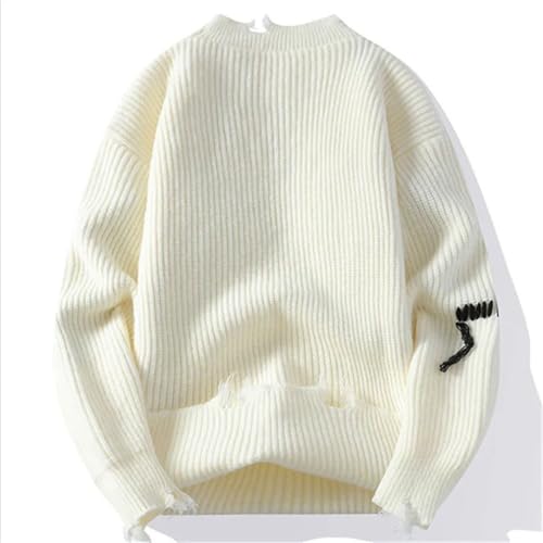 Men Loose Knitted Sweater Daily Casual Knit Pullovers Crew Neck Long Sleeve Ripped Sweater3