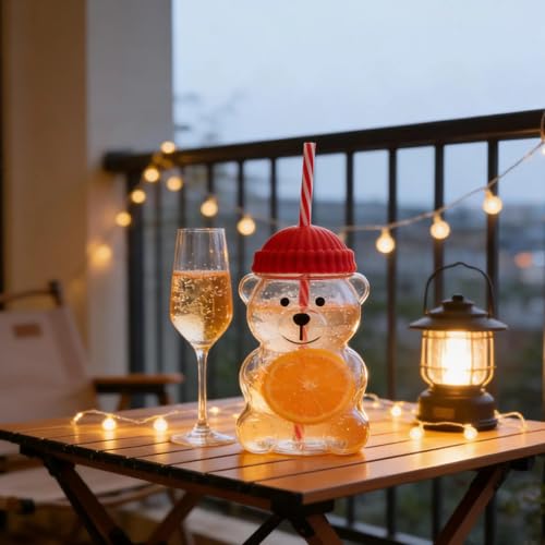 Image of New Glass Bear Straw Cup 600ML Cute Bear Glass Tumbler with Reusable Straw - Viral Animal Design for Smoothies, Boba & Iced Coffee (Orange)