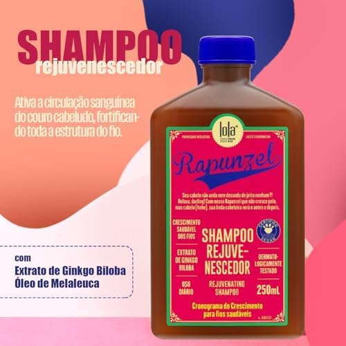 Detalhe do Shampoo Rejuvenescedor Rapunzel destacando extrato de Ginkgo Biloba e Óleo de Melaleuca.