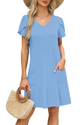 Image of OFEEFAN Womens Summer Dresses 2026 Tulip Petal Short Sleeve V Neck Loose Swing Sundresses with Pockets Plain /Print