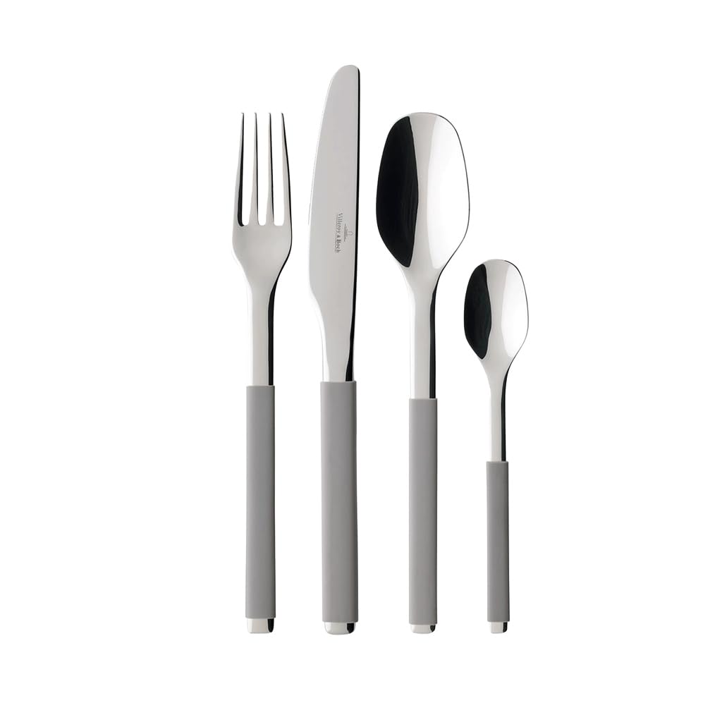 Villeroy & Boch – S+ Taupe Couverts De Table 24 Pièces 6 Personnes, Garanti Lave-Vaisselle, Ensemble Couvert, Set De Couverts De Table, Acier Inoxydable, Manche Recouvert De Silicone Gris