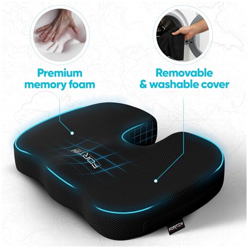 Image of FORTEM XL Chair Cushion, Seat Cushion for Office Chair, Car Seat Cushion, Coccyx Orthopedic Pillow, Desk Chair Memory Foam Sitting Pillow, Washable Cover (Mesh, Black)