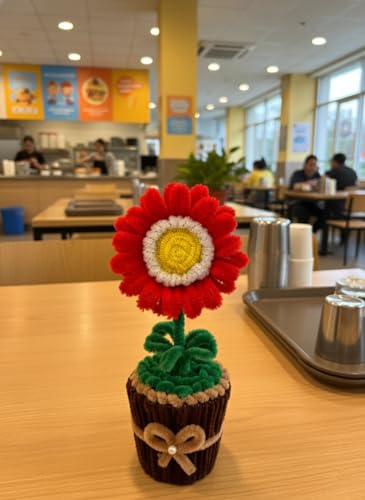 Image of Handmade Artificial Flower Pot for Home Decor | Cute Fuzzy Wire Pipe Cleaner Flower Plant | Aesthetic Tabletop Decorative Pot for Home, Office & Gifting (Soft Bloom :- White-Red)