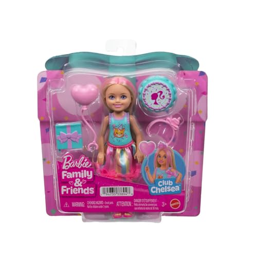 Barbie Club Chelsea Petite poupée blonde à mèches roses de 15 cm sur le thème de l’anniversaire, robe colorée et 4 accessoires de fête, JJB37