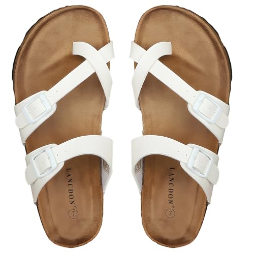 Image of Sandals Women Wide Width, Cork Footbed Arch Support Summer Beach Slide Sandals, Adjustable Strap for Wide Feet