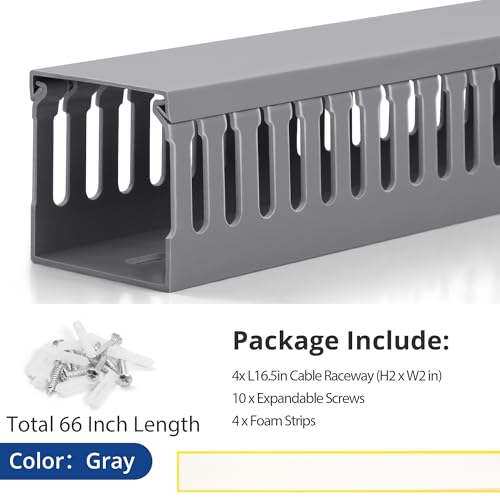 Image of 2 inch H x 2 inch W Cable Raceway, 66in Under Desk Wire Management Channel, Grey | Slotted Wire Duct, 4Pack, 16.5in Each, Heavy-Duty PVC Cable Management for Server Racks, Network Cables & Electrical Cabinets