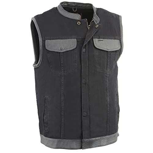 Men's SOA Leather Trimmed Denim Vest Concealed Snap w/Hidden Zipper w/ 2 Inside Gun Pockets (X-Large)