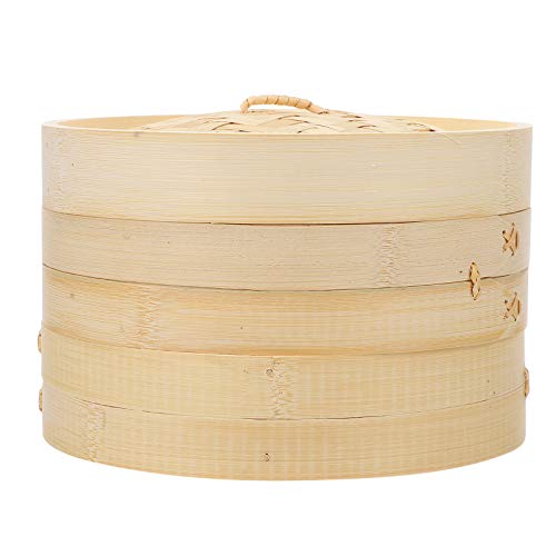 Cuiseur vapeur asiatique Dim Sum 3 pièces 2 étages Panier vapeur en bambou avec couvercle et doublures vapeur pour la cuisine asiatique, petits pains, boulettes, légumes, poisson, riz, 18 cm, panier