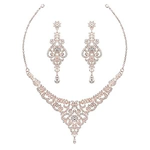 Hapibuy Crystal Wedding Jewelry Set Necklace Earring Set For Women and Brides Rose Gold and Silver Bridal Statement…