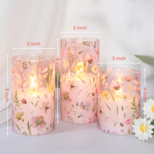 Image of Crystal Club Flameless LED Candles with Remote Timer, Pink Floral Glass Battery Operated Candles, 3 Pack Realistic Flickering Pillar Candles for Wedding Home Centerpiece Decoration