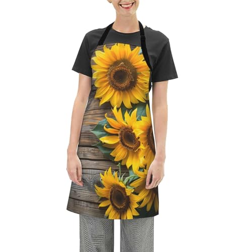 Mount Hour Autumn Sunflowers Wood Pattern, Women Kitchen Apron with Adjustable Neck Adult Size, For Cooking Painting, Gift