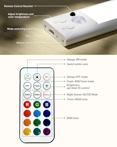 Image of Under Cabinet Light Wireless with Remote,15 Color RGB Magnetic Closet Lights, 96-LED Rechargeable Motion Sensor Light Indoor,Dimmable&Timer,12 Inch Stick on Lights for Kitchen,Pantry,Bedroom, Stairs