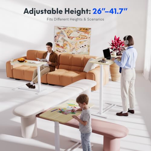 Image of FLEXISPOT H7 Adjustable Overbed Bedside Table with Wheels Pneumatic Mobile Standing Desk Laptop Desk Rolling Computer Cart Movable Overbed Tables Hospital Home Use(27.6 inch W x 15.7 inch D, White Wood Grain)