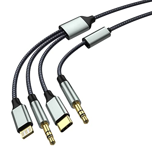 Apitiong Aux-Kabel für Telefon 11 USB-C-zu-Aux 3 5-mm-Nylon-Aux-Kabel Klinkenkabel (3-in-1-Aux) für Kopfhörer Telefon Pad Pod Smartphone Autoradio MP3 Kompatibel mit Lightning