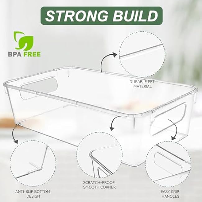 HOMER Set of 6 Refrigerator Organizer Bins, Pantry Organization and Storage Bins, Fridge Organizers with Cutout Handles, Clear Plastic Storage Bins for Pantry - BPA Free Kitchen Organizers