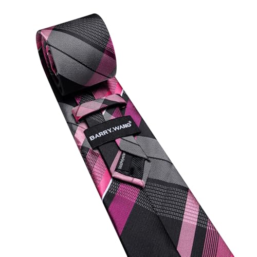 Image of Barry.Wang Plaid Ties Mens Silk Necktie and Tie Clip Checkered Tie for Wedding Party Business Formal