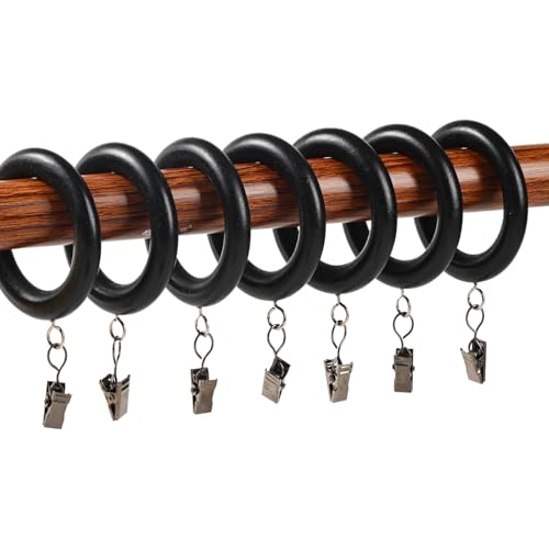 Wood Curtain Rings with Clips,12 Pieces 2.75 Inch Wooden Drapery Curtain Rod Rings for 1.7 inch Rod Pole Farmhouse Drapery Clips,Natural Beech Wood(Black, 1.81 INCH Inner Dia)