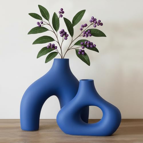 Image of PUREZENTO Abstract Blue Ceramic Donut Vase 5.4 & 7.7 Inch - Set of 2 | Decorative Unique Modern Vase for Dried Flowers & Pampas Grass | Vases for Modern Home Decor, Living Room, Office Decor Ideas