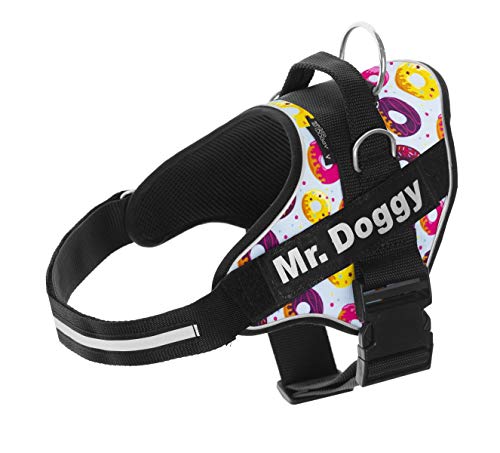 Arnés Personalizado para Perros - Arnés para Perros Reflectante y Seguro - Incluye 2 Etiquetas con Nombre - Tamaño Pequeño, Mediano y Grande - De Calidad y Resistente (XS 3-7KG, Donuts)