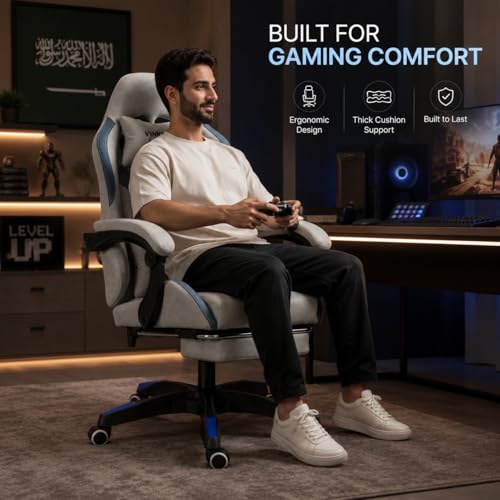 Wemart Gaming Chair Computer Chair, Breathing Fabric Game Chair with Head Pillow and Waist Pillow, Ergonomic ComputerChair with Footrest, Bearing 300 Kg (gray-1)