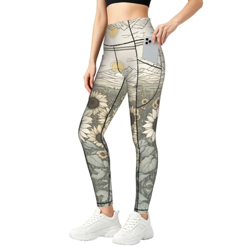 Leggings de moda con estampado de girasoles elásticos con bolsillos para gimnasio