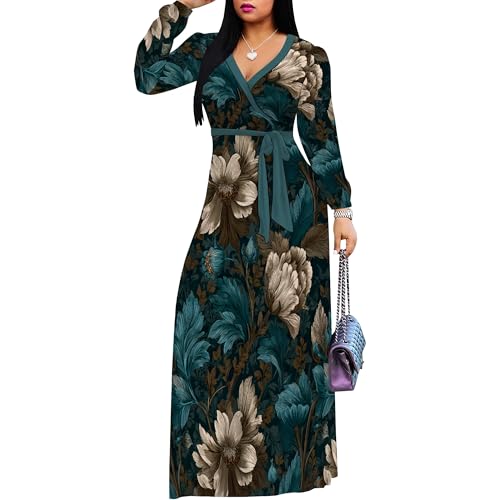 Image of PinkPatty Women's Print Maxi Dresses 3 /4 Sleeve Flowy Long Dress V Neck Wrap Tie Waist Sundress