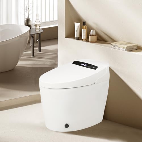 Inodoro inteligente de una pieza con bidé touchless, sensor de pie para descarga automática, asiento calefactado, limpieza dual con boquillas, secador de aire, luz nocturna LED, control remoto, inodoro moderno alargado sin tanque
