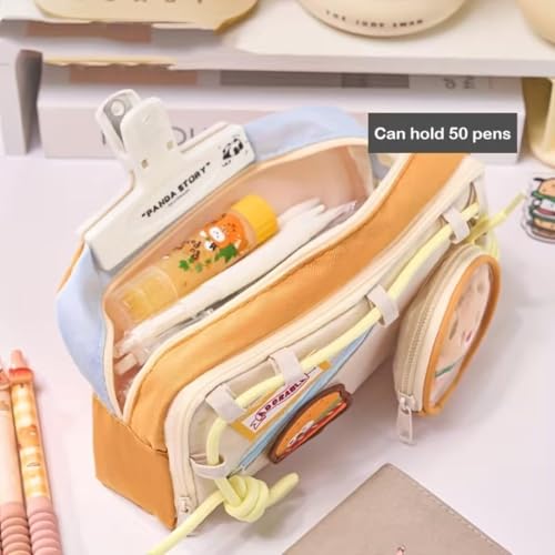 Image of Canvas School Bag Pencil Case, 3 Layer 6 Compartment Large Capacity, Aesthetic Pencil Pouch for Stationary, Cute Stationery for Kids, Pencil Case for Girls & Boys (Olive Green Dori)