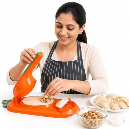 Image of BLNAN Momos Maker Tools - Momo Maker Machine & Mould Set, 4 in 1 Puri Kachori Gujiya Maker Machine, Dumpling Sheets, Gujiya & Karanji Moulds, Kozhukattai & Kolukattai Maker (Orange, Medium)