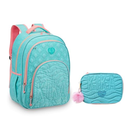 Kit Mochila e Estojo Escolar Juvenil Matelassê Kika KK24M27 (Verde)