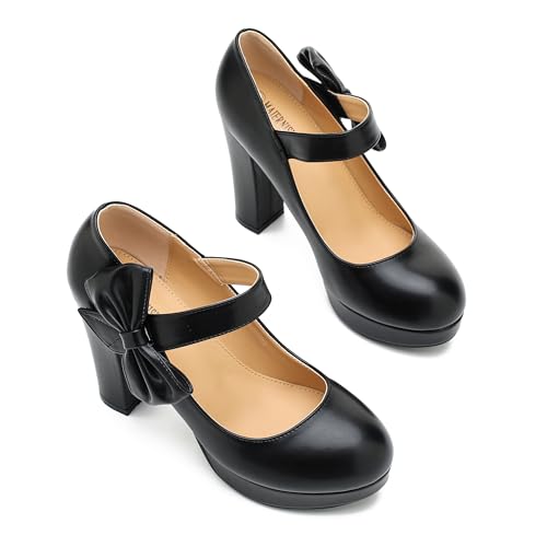Image of MAIERNISI JESSI Women's Platform Mary Jane Pumps with Bow, 3.94 Inch Block Heel Dress Shoes