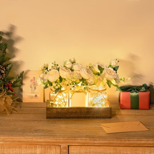 Mkono-Mason-Jar-Lights-Centerpiece-Table-Decorations-for-Dining-Room-Farmhouse-Table-Decor-Tray-with-3-Jars-Flowers-Christmas-Centerpieces-Winter-Decor-for-Kitchen-Living-Dining-Room Mkono Mason Jar Lights Centerpiece Table Decorations for Dining Room Farmhouse Table Decor Tray with 3 Jars Flowers Christmas Centerpieces Winter Decor for Kitchen Living Dining Room